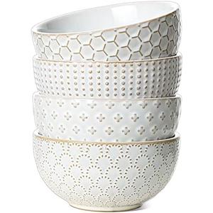 LE TAUCI Cereal bowls 26 oz, Ceramic Soup Bowl for Kitchen, Embossment Stoneware Bowl for Pho, Chip, Fruits, Salad, Noodle, Ramen, Suit For Housewarming - 6 Inch, Set of 3, Arctic white. 1 Demaged