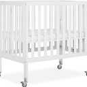 Dream On Me Jett Mini Folding Baby Crib in White, GreenGuard Gold & BSA, Lightweight & Portable, Patented Flat Folding System for Small Spaces & Travel, 1.5” Mattress Pad, 3 Heights, Safe Wheels, 38"L x 26"W x 36"H