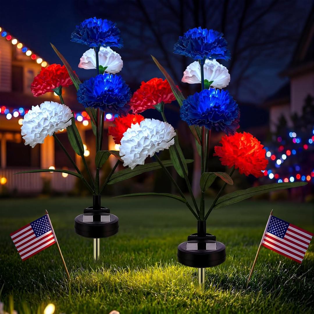 Copkim 2 Pcs 4th of July Chrysanthemums Solar Lights Waterproof Stake Lights Decorative Garden Firefly Outdoor Light for Lawn Trails Landscaped Yards Pathway Porches and Patio Decorations