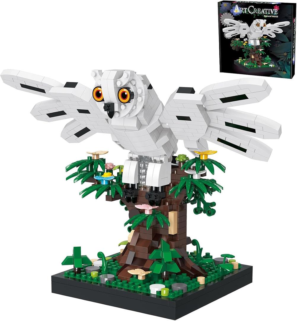 Snowy Owl Building Blocks Set Flying Bird Micro Mini Bricks Toy on Tree Magic Animal Desk Decor Display Ornament DIY Creative Hobby Gifts for Adults Teens