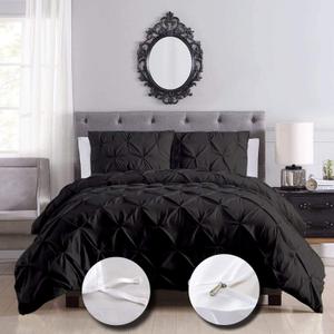 eBeddy Linens Luxury Egyptian Cotton Super King Plus 120x120 Size Pinch Pleated Pintuck Duvet Cover Set with Zipper Closure & 7 Corner Ties Soft Cozy Bedding Duvet Cover Set, Durable Stitch, Black