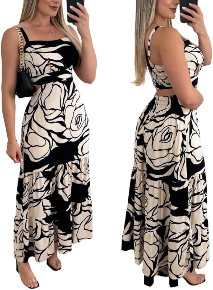 CHICME Summer Dresses for Women 2026 Sleeveless Casual Boho Maxi Dress Square Neck Cut Out Floral A Line Dress, Size Medium