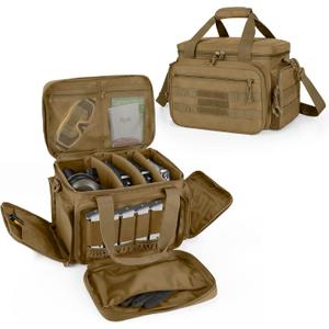 DSLEAF Tactical Gun Range Bag for 4 Handguns, Pistol Shooting Range Bag with 6X Magazine Slots and Extra Pockets for Ammo and Essentials (Khaki)