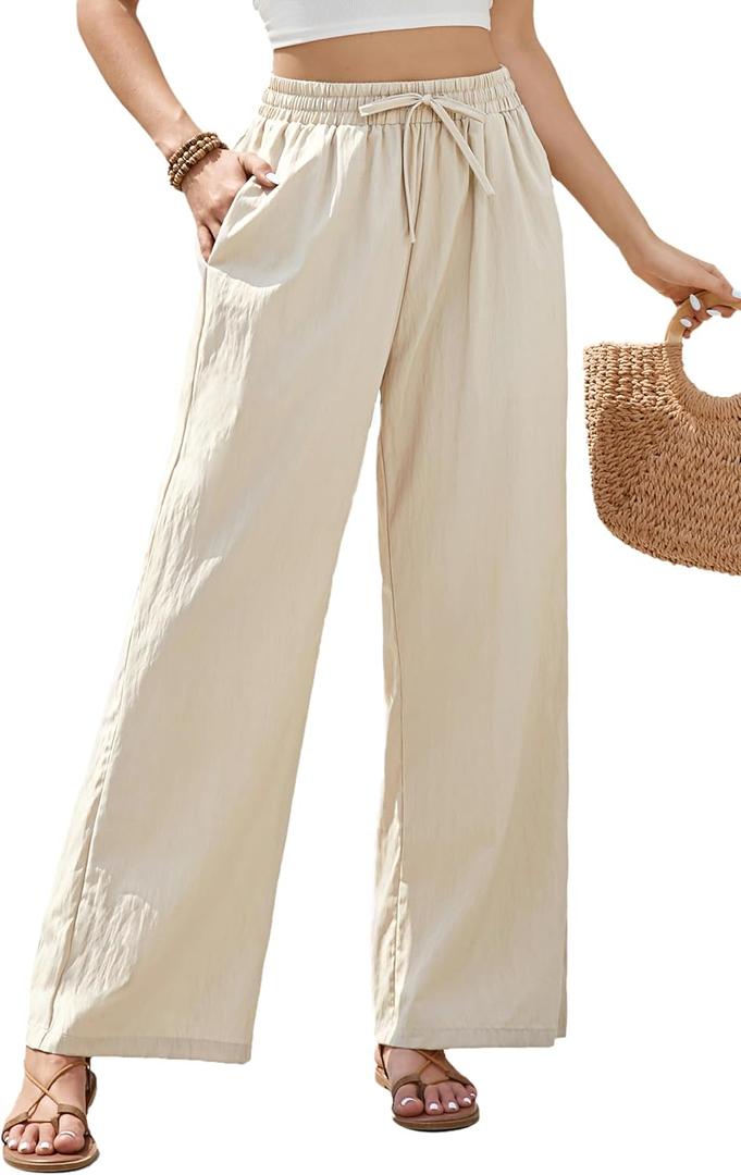 Women's Wide Leg Pants Flowy Pants for Women Casual Palazzo Trousers Loose Fit High Waisted Drawstring with Pocket (Medium, Beige2)
