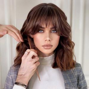 Brown Wig with Bangs Short Wavy Wigs for Women Brown with Highlight Curly Shoulder Length Bob Wig Synthetic fiber Wigs for Cosplay Daily Party Use (14 Inch)