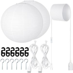 Rossesay 2 Sets Jumbo Round Paper Lanterns with Lamp Cord Cable White Hanging Paper Lanterns Chinese Japanese Pendant Hanging Lamp for Birthday Wedding Bridal Anniversary Party Decoration(30 Inch)