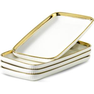 LETAOTAO Serving Platters, Ceramic Serving Platters Set of 4, 12 Inch Rectangular Serving Trays Dishes for Party Entertaining, White Dinner Plates with Gold Trim for Sushi Desserts Appetizers Salad
