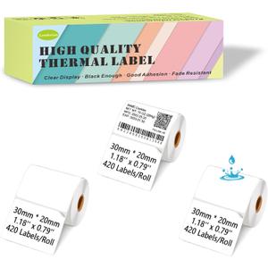 Thermal Labels Compatible for Supvan T50M Pro, Phomemo M110, Label Maker Tape Refill, Weatherproof & Tear-Resistant Thermal Stickers (30mm x 20mm, 1.18''x0.79'')