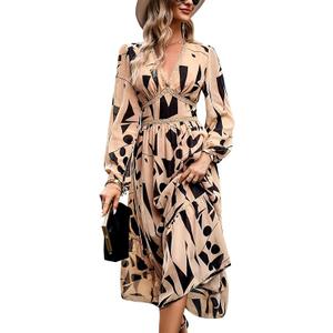 Women's Spring Wrap Maxi Dress Floral V Neck Long Sleeve Wedding Guest Party Casual Chiffon Dress, XL, Brown Geometry