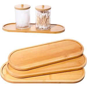 Chengu 3 Pcs Bamboo Vanity Trays for Bathroom Small Wooden Serving Tray for Bathroom Counter Food Appetizer Tea Dessert Kitchen Candle Tissue Toilet Tank Home Decor, 11 x 4 Inch(Oval Edge Style)