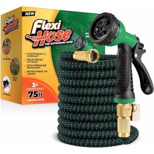 Flexi Hose with 8 Function Nozzle, 75FT - Lightweight Expandable Garden Hose, No-Kink Flexibility, 3/4 Inch Solid Brass Fittings and Double Latex Core - Black and Green