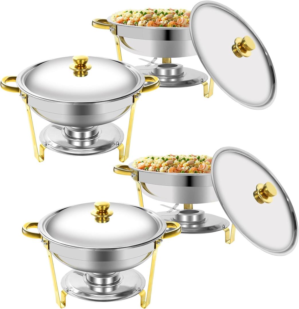 Gold Chafing Dishes for Buffet, 5QT Round Chafing Dish Buffet Set w/Lid, Thickened Stainless Steel Chafers and Buffet Warmers Sets for Weddings, Events, Banquet (4-PACK)
