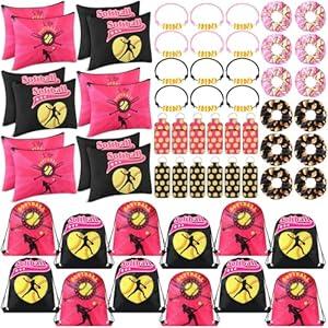 Paterr 60 Pcs Softball Party Favors Team Gifts 12 Drawstring Bag 12 Makeup Bags 12 Lipstick Holder 12 Hair Scrunchies 12 Bracelet for Softball Party(Cute Style)