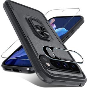 Janmitta for Google Pixel 9/9 Pro Case with Screen Protector+Camera Lens Protector,Heavy Duty Shockproof Full Body Phone Cover Built in Metal Ring Holder Kickstand,2024 Black Matte