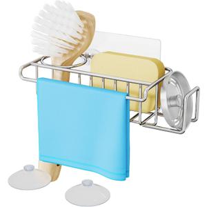 HapiRm 4 in 1 Sink Caddy Sponge Holder, SUS304 Stainless Steel Kitchen Brush Holder + Dish Cloth Hanger + Soap Rack + Sink Stopper Rack + Sponge Caddy for Kitchen - Silver