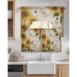 Yellow Sunflower Kitchen Curtains Sets for Windows 3 Piece, Summer Bee Kitchen Curtains and Valances Tier Set 36 Inch Length Farmhouse Vintage Dragonfly Swag Curtain for Living Room Cafe Bath Bedroom
