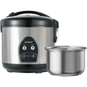 5-Cup Uncooked Rice Cooker, Electric One-Touch for Asian Japanese Sushi, Stainless Steel Inner Pot with Removable Lid & Steamer, Automatic Keep Warm, Silver