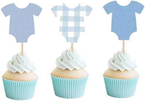 48 PCS Blue Bodysuit Happy Birthday Cupcake Toppers Blue Gingham Theme Party Decorations Baby Shower Cake Decor Cupcake Decorations Cake Decorating Party Supplies Decor for Boys Girls Baby Shower