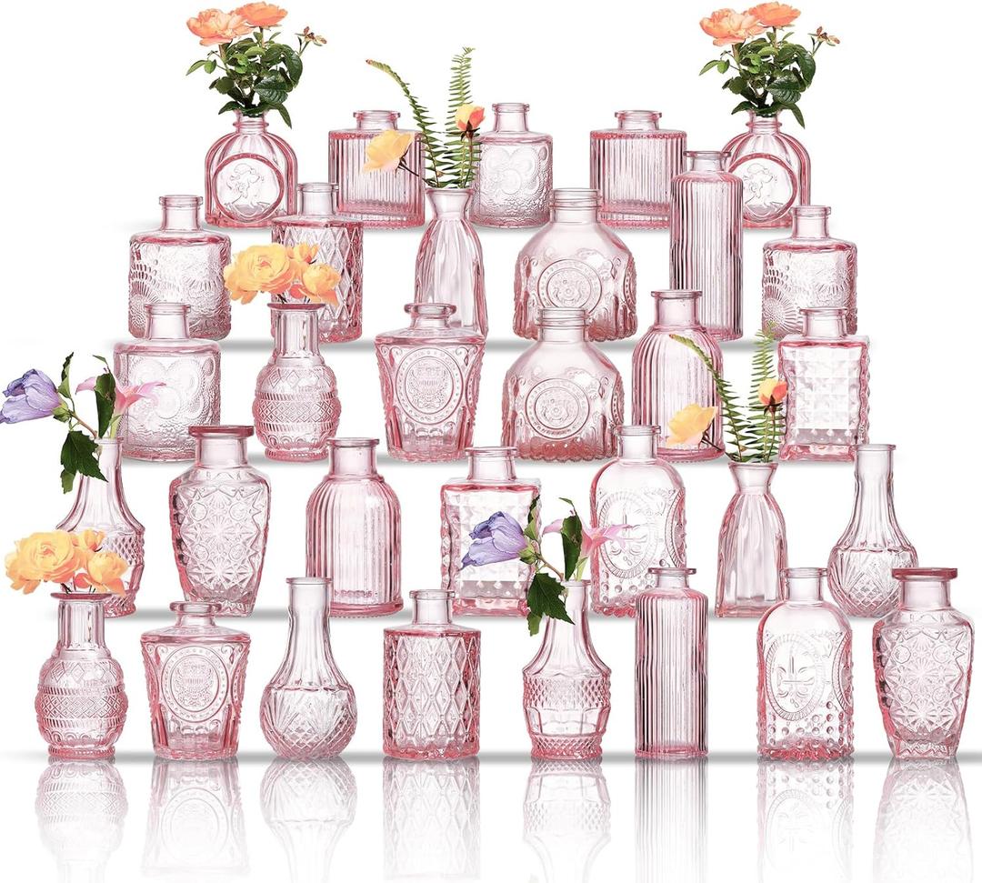 Glass Bud Vases Set of 32 - Pink Assorted Small Mini Glass Vases for Flowers, Crystal Vintage Vase Set, Bulk Centerpieces for Table Dcor, Wedding, Home and Events (Pink, 32 Pcs)
