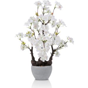 TOARTi Artificial White Cherry Blossom Potted Plant with Stone Pot, 17.7" Bonsai Tree Fake Flowers Faux Plants Desk Plant, Realistic Plants Indoor Decor for for Home Bedroom Bathroom Office Desk