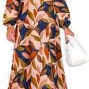 ZESICA Women's Floral Long Sleeve Midi Dresses 2026 Fall Boho V Neck Belted High Wasit Flowy Wedding Cocktail Party Dress (Brown, S)