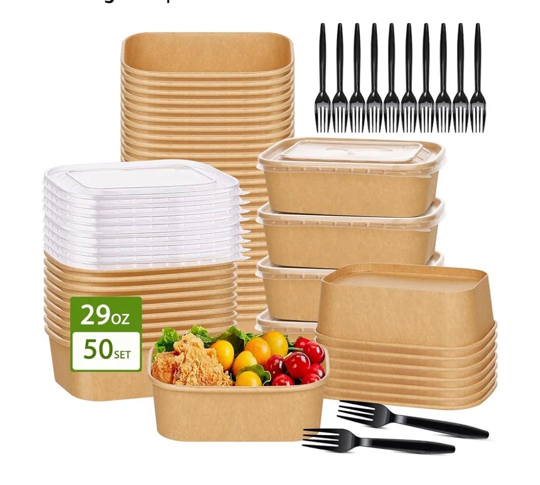 DI QIU REN 50-Pack 29oz Disposable Kraft Paper Bowls【with Lids and Forks】,Meal Prep Containers Disposable To go Food Containers Christmas Take Out Containers, Microwave Safe for Hot/Cold Food