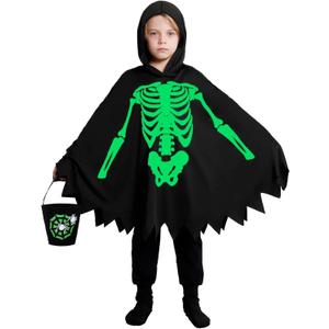 Unisex Glow in The Dark White Boo Ghost Halloween Cloak | Black Halloween Hooded Skeleton Cape Boys Girls & Adult