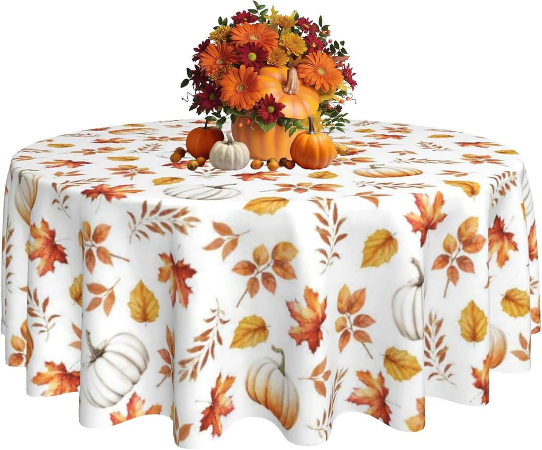Fall Round Tablecloth 60 Inch Autumn Decoration Maple Leaf and Pumpkin Tablecover Anti-Wrinkle Waterproof Wipeable Table Cover for Thanksgiving Party Kitchen Home Dining Deco (Yellow)