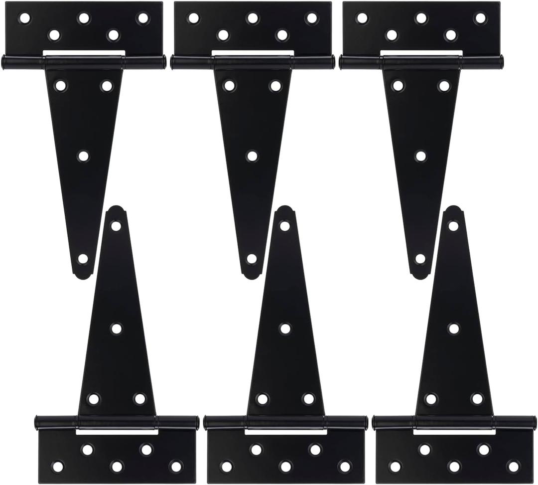 8 Inch T-Strap Gate Hinges, Shed Barn Door Hinges Heavy Duty, Black Tee Hinges for Wooden Fences, Yard Gate, Wrought Hardware Iron Rustproof (6Pack/Set)