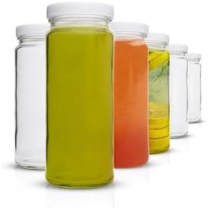 Vas Exclusive Clear Glass Water Bottles Set - 6 Pack Wide Mouth with Lids for Juice, Smoothies, Beverage Storage - 16 oz, Durable, Reusable, Dishwasher Safe, Leak Proof (White Caps)