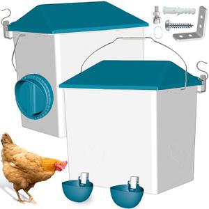 cyrico Chicken Feeder and Waterer Set, Automatic Chicken Coop Accessories Hanging Water Dispenser 10 Pounds Automatic Port Feeder No Waste 2 Gallon Cup Waterer Rain Proof Food Supplies for All Poultry