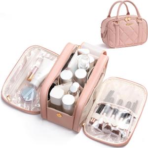 Bagstellar Travel Makeup Bag, Large Capacity Quilted Toiletry Bag for Women Stand-up Cosmetic Bag Open Flat Make Up Case Organizer Portable Pouch Purse w/Handle for Traveling Accessories, Pink