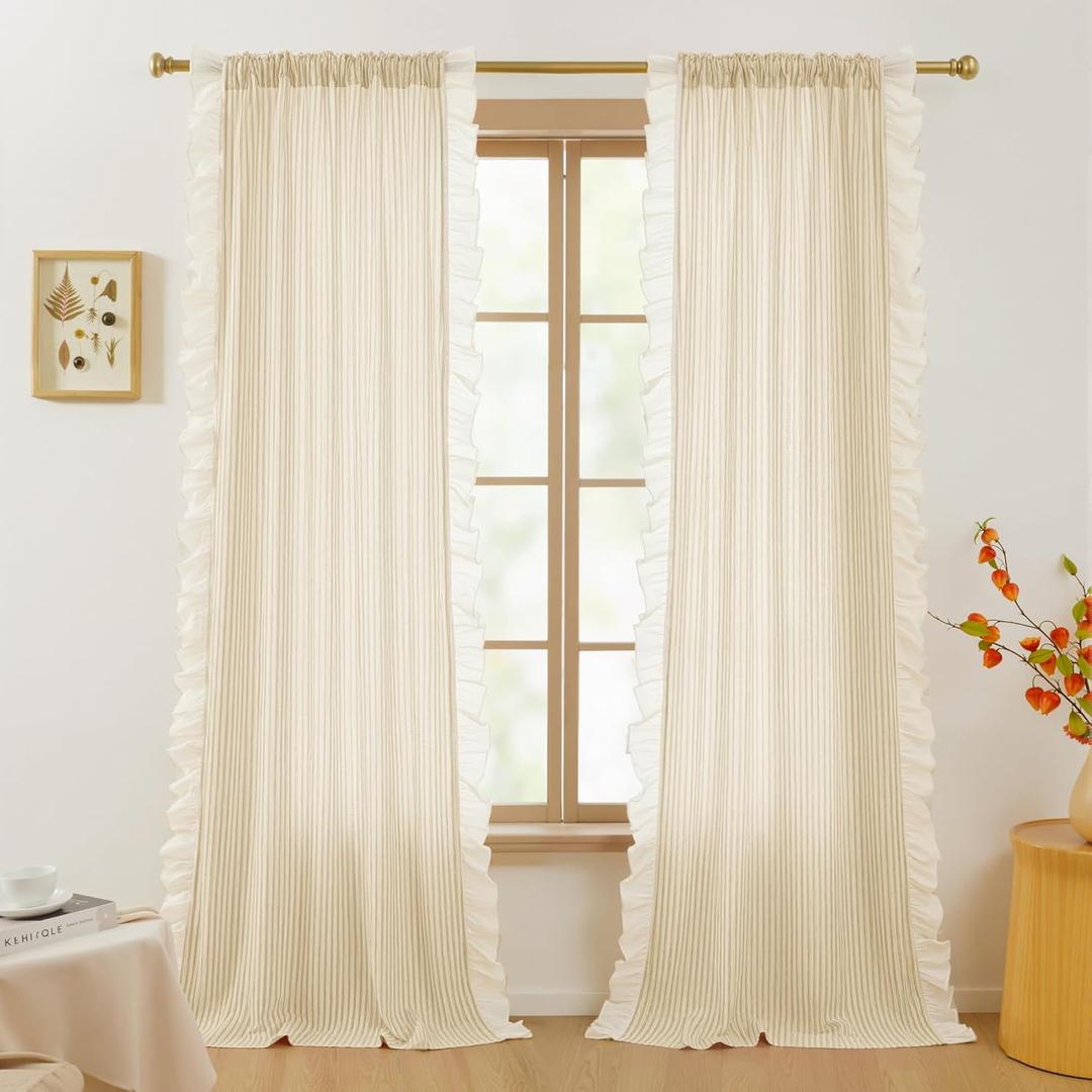 RYB HOME Ruffle Curtains Linen Striped Light Filtering Semi-Sheer 84 inches Long, Vertical Boho Farmhouse Window Treatment for Living Room Bedroom Pinstripe Printed, Yellow, W52 x L84, 2 Panels