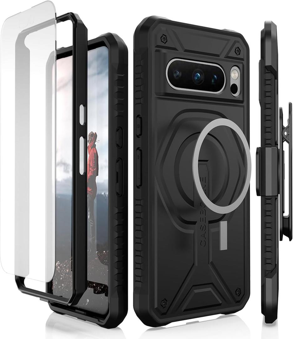 CaseBorne Compatible with Google Pixel 8 Pro Protective Case - Compatible with MagSafe, Slim Yet Rugged with Tempered Glass Screen Protector and Belt Clip Holster Black
