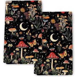 Mushroom Moth Kitchen Towel Set of 2 Soft Absorbent Black Hand Tea Towels for Kitchen Witchy Gifts Bathroom Home Decorations 16"x 24"