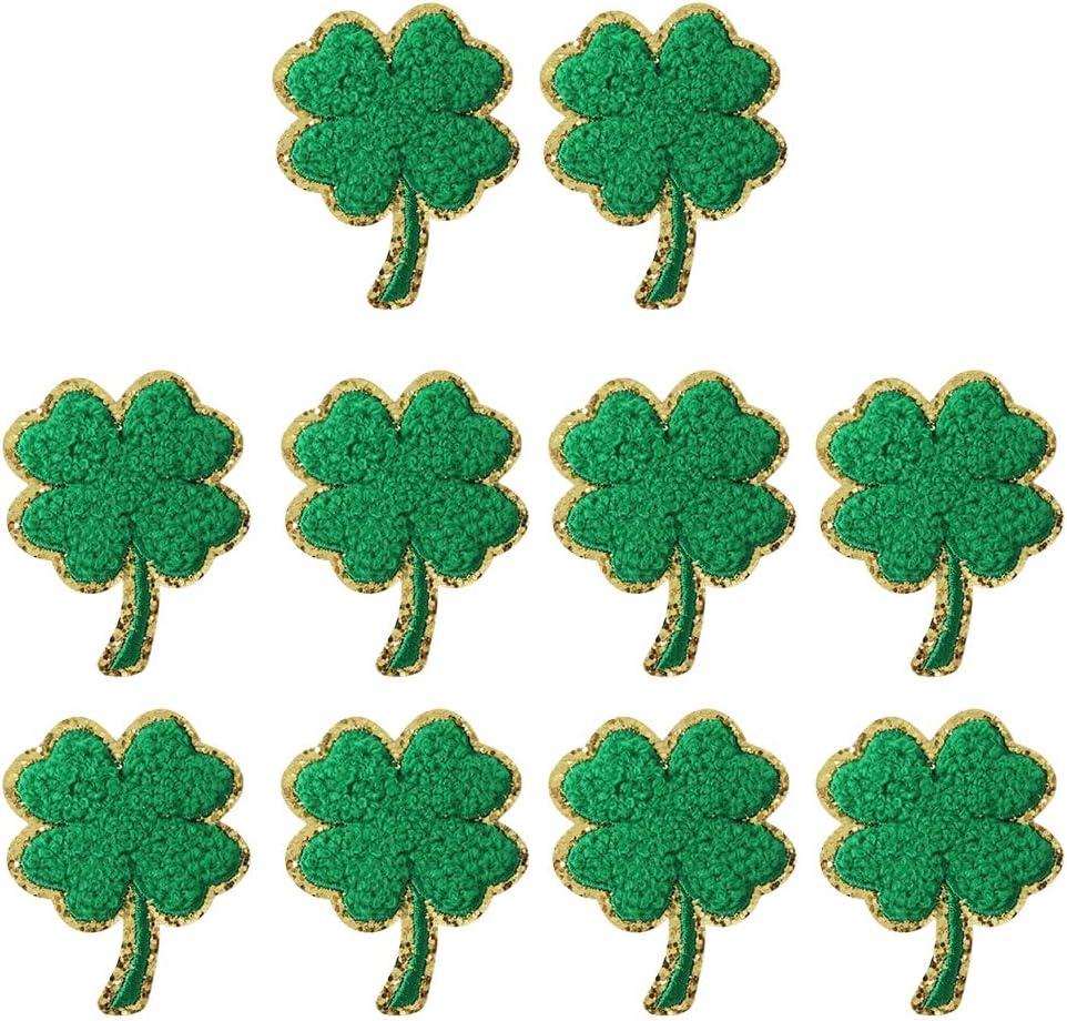 Ximimark 10 pcs Clover Iron On Patches Chenille Embroidered Patch DIY Embroidered Applique Patches with Golden Edge for Clothing Jackets Backpacks Jeans T-Shirt