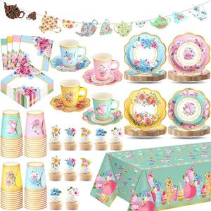 FoldTier 162 Pcs Floral Paper Tea Party Supplies Disposable 9 oz Tea Cup with Handle Flower Plates Napkin Cupcake Topper Decoration Banner Plastic Tablecloth for Birthday Wedding Bridal Baby Shower