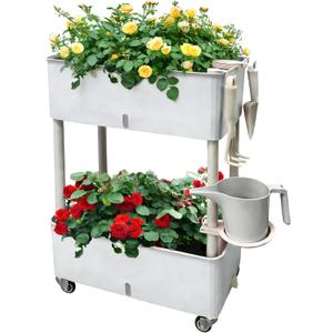 Self-Watering Raised Planter Box with Lockable Wheels,2-Tier Elevated Garden Bed with Visible Water Level Window,Indoor Outdoor Plastic Plant Box for Flowers,Vegetables & Herbs, Plus Size