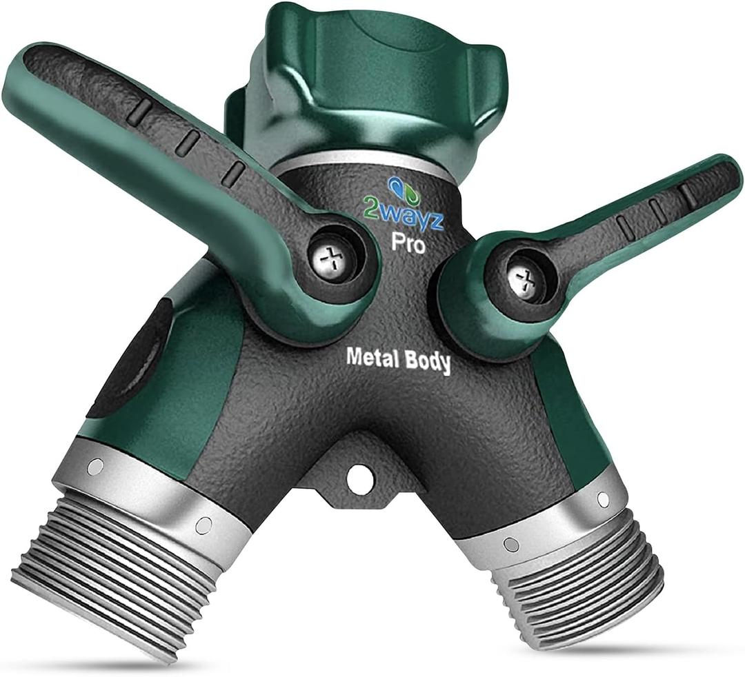 2WAYZ Hose Splitter 2 Way Heavy Duty Outdoor Faucet and Garden Connector - Water Spigot Splitter - Durable All-Metal Y Adapter with Shut-Off Valve - 4 x 4 x 1.5 Inches