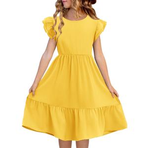 Haloumoning Girls Dresses Kids Summer Double Layer Ruffle Sleeve Dress (Yellow, S)