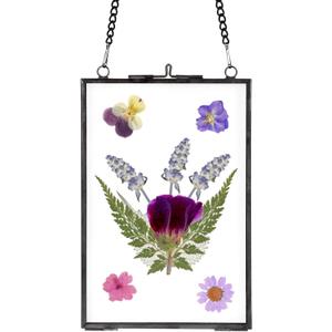 4x6 Inch Hanging Pressed Flower Frame, Double Glass Frame for Pressed Flowers Vintage Brass Picture Frame for DIY Artwork Home Wall Decor, Black