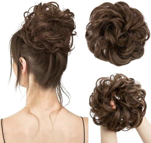 CJL HAIR Large Messy Bun Hair Piece Wavy Curly Scrunchies Synthetic Chignon Ponytail Hair Extensions Thick Updo Hairpieces for Women Medium Brown
