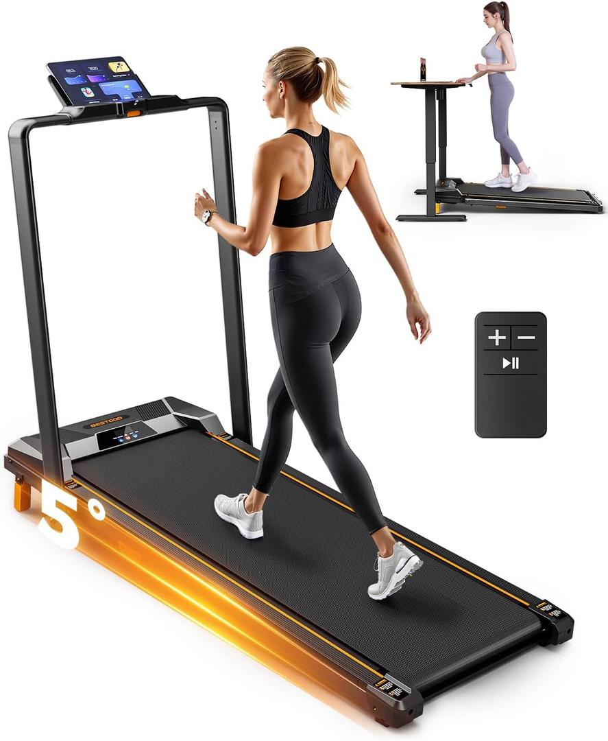 Walking Pad Treadmill, BestGod Incline Under Desk Treadmill 330lbs Capacity, 2.5HP Portable Treadmills for Home, Compact Treadmills Mini Running Machine with Remote Control (Black-Handrail)