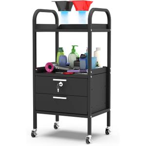 TASALON Metal Salon Trolley Cart with Wheels & Lockable Drawers 4-Tier Hair Stylist Rolling Tray Cart, Barber & Esthetician Station Organizer, Beauty Salon Equipment & Spa Storage Cabinet