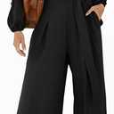 CHICME Womens 2025 Elegant Long Puff Sleeve Jumpsuit Deep V Neck Tie Waist Casual Wide Leg Pants Romper with Pockets (Medium, Black)