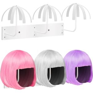 Hanging Wig Stand for Multiple Wigs, 6 PCS Wall Mounted Wig Hanger Holder, Sturdy Wig Storage Organizer Rack for Display, Storage, Styling, Drying (Carbon Steel and Wood) (White)