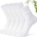 FITRELL Women's Soft Bamboo Rayon Dress Socks, Thin Breathable Calf Crew Scrunch Socks for Casual Trouser 5 Pairs (White, M)