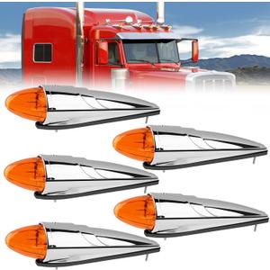 5pcs Amber Torpedo Cab Marker Lights Chrome 17 LED Truck Roof Top Clearance Running Lights Assembly Super Bright Compatible with Peterbilt Kenworth Freightliner Trucks Waterproof