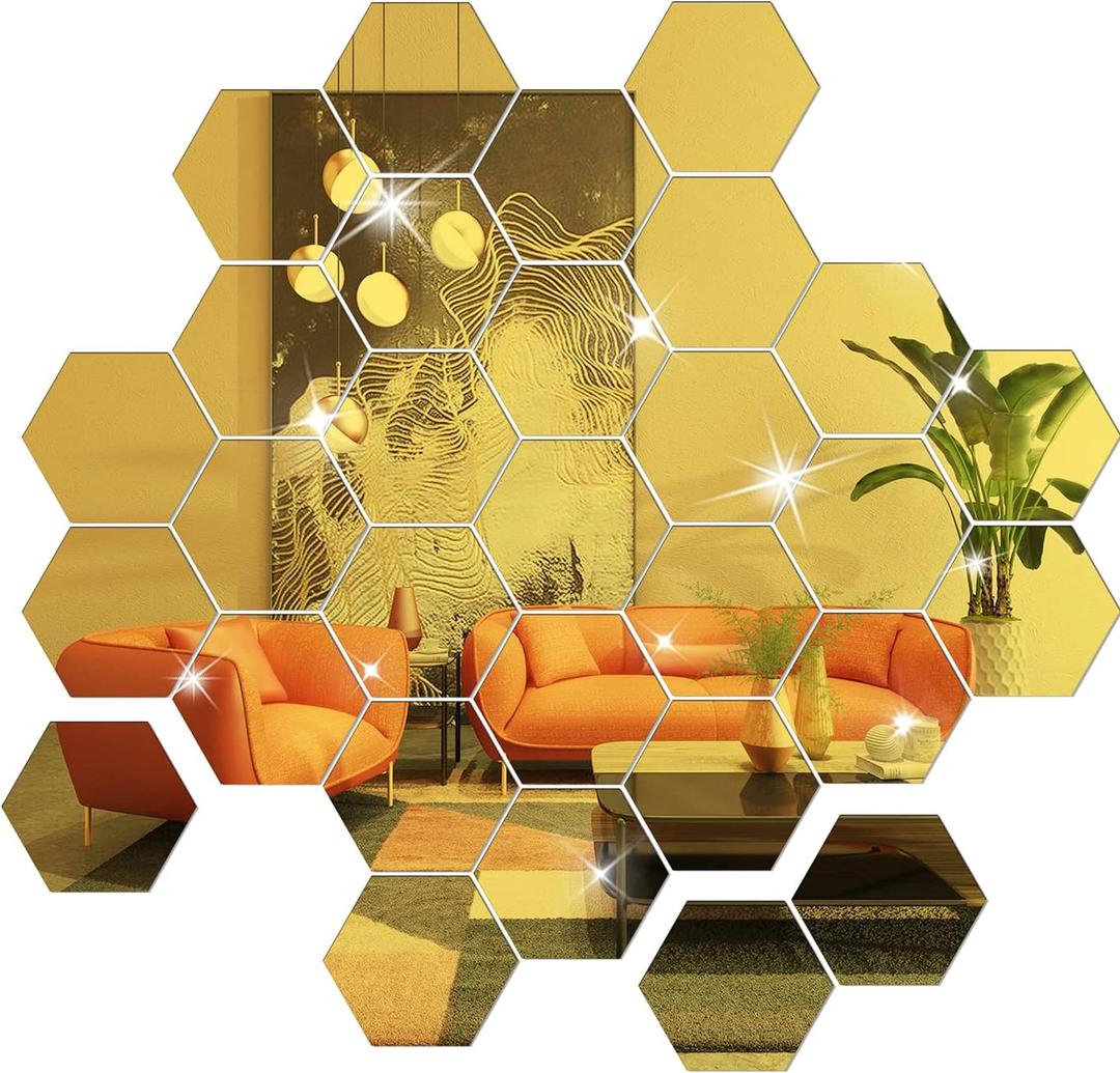 DIY Wall Decals Acrylic Mirror Sticker Set 36 Pcs, Hexagon Mirror Wall Stickers for Living Room Bedroom Decor (Gold) (10*8.5*5cm)