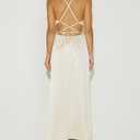 Women's Satin Cowl Neck Backless Maxi Dress Sexy Tie Back Spaghetti Strap Ruched Wedding Guest Slit Long Dresses (M)